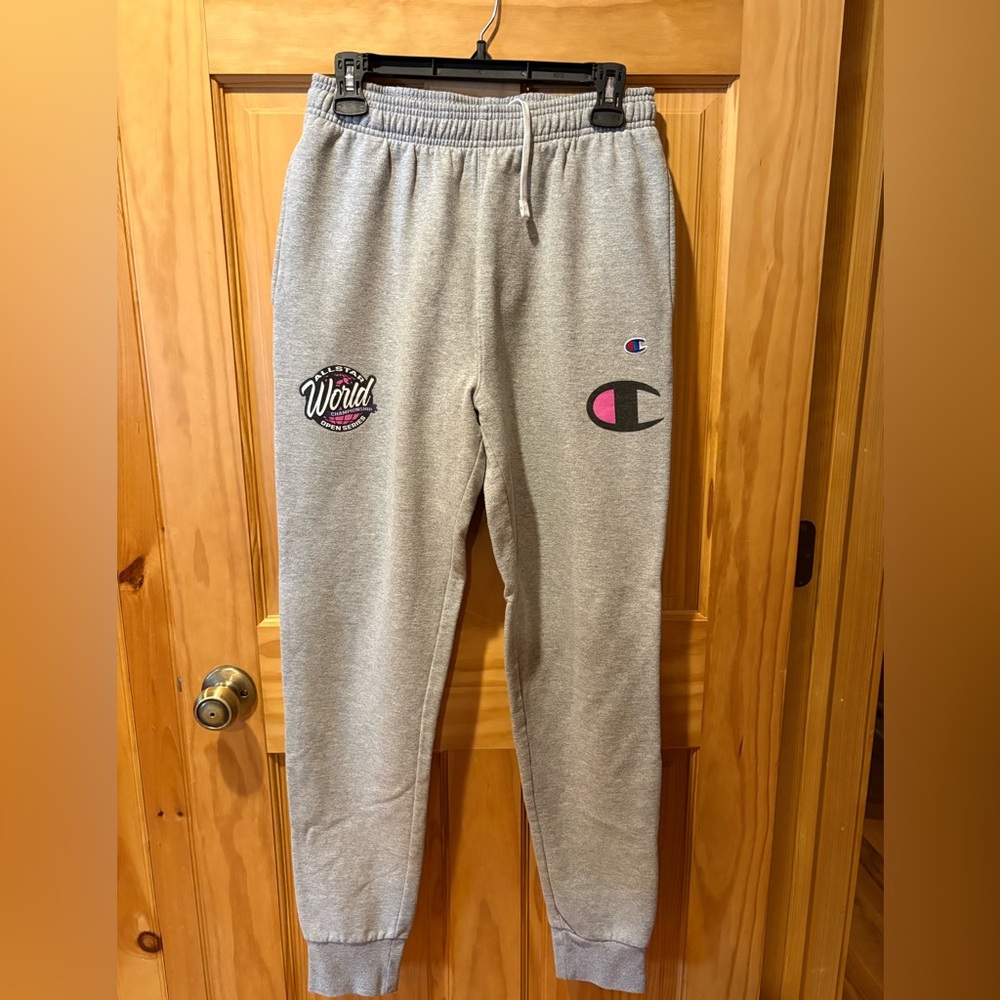 Champion Gray Sweat Joggers with Pink & Black Logo Accents